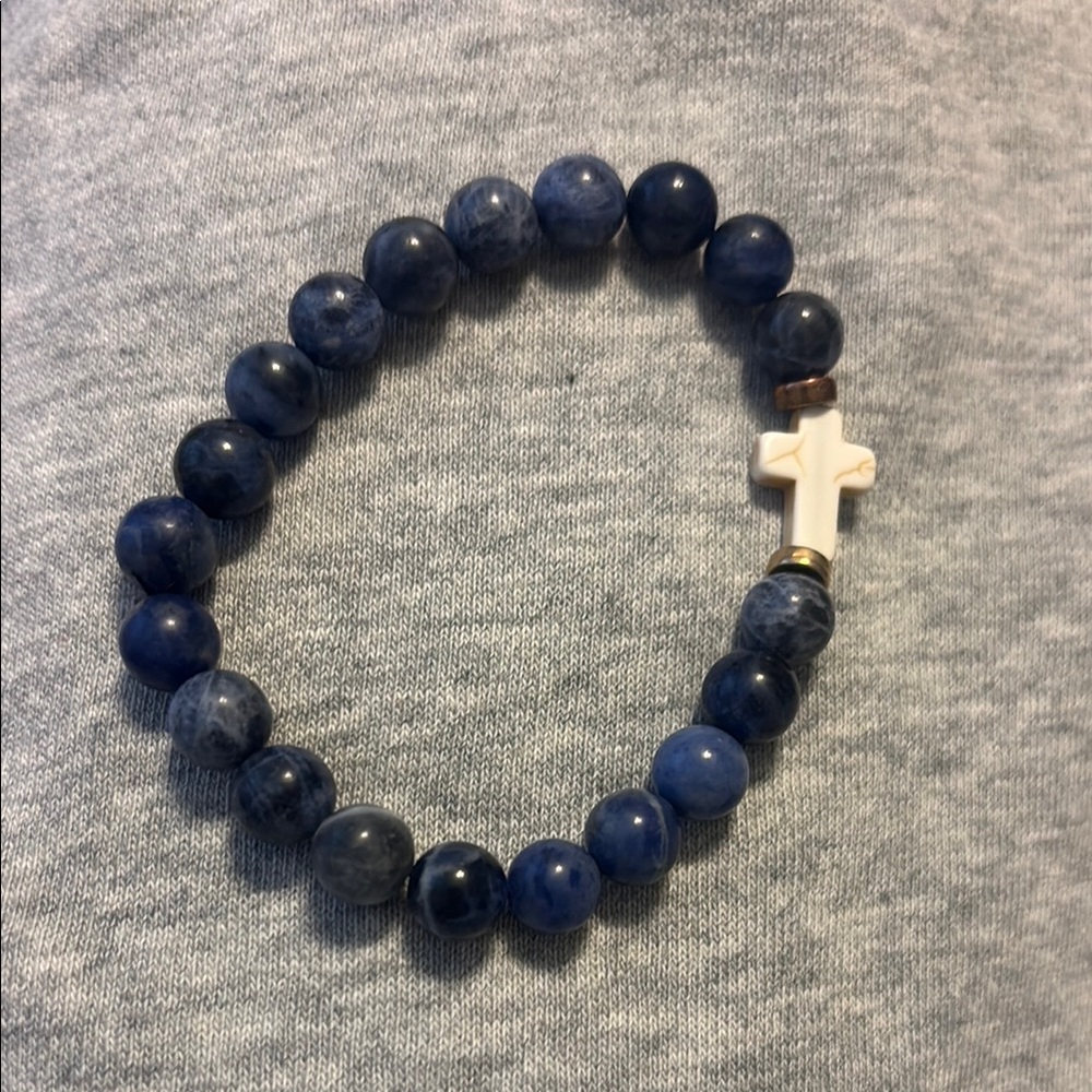 Handmade Blue Beaded Bracelet with Cross by Gabby
